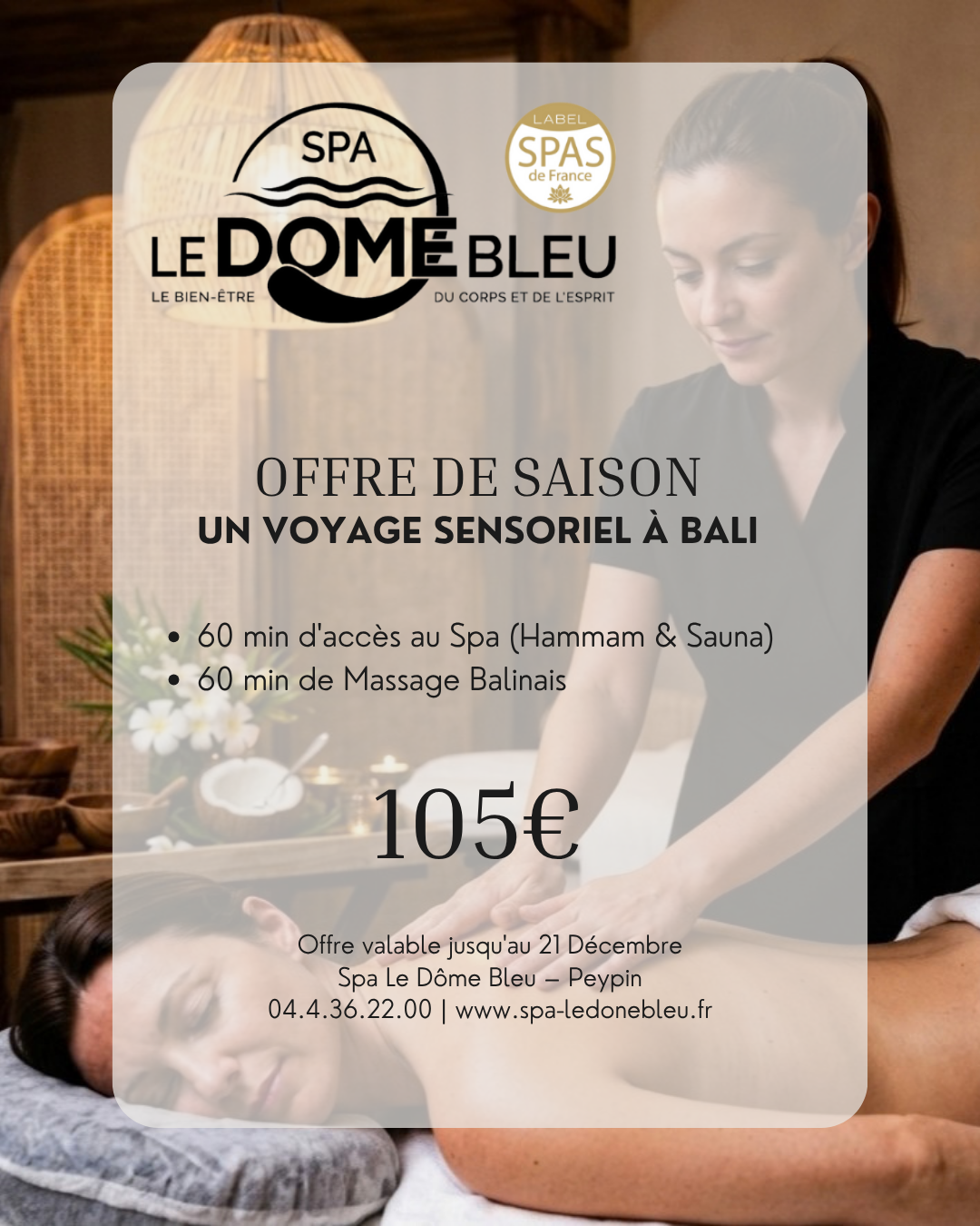 Massage balinais + accès Spa 2h à Peypin | Le Dôme Bleu